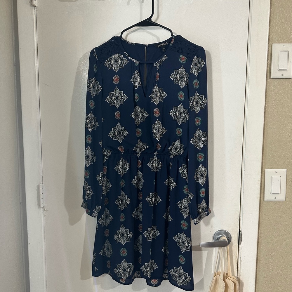 Express Navy Patterned long sleeve Dress